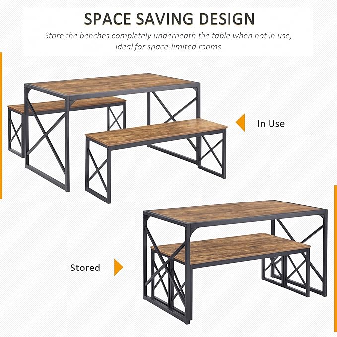VECELO 55" Kitchen Table Set for 4-6, Wood Dining Room Dinette 2 Benches with Metal Frame for Breakfast Nook and Small Space, Brown - LeafyLoom