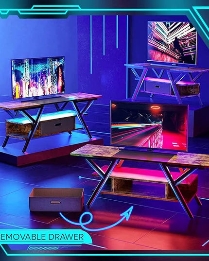 Bestier LED TV Stand for Bedroom TV Entertainment Center 55 inch for TV up to 65 in, Gaming TV Console W/Fabric Drawer Storage for Living Room with LED Lights 20 Modes, Rustic Brown - LeafyLoom