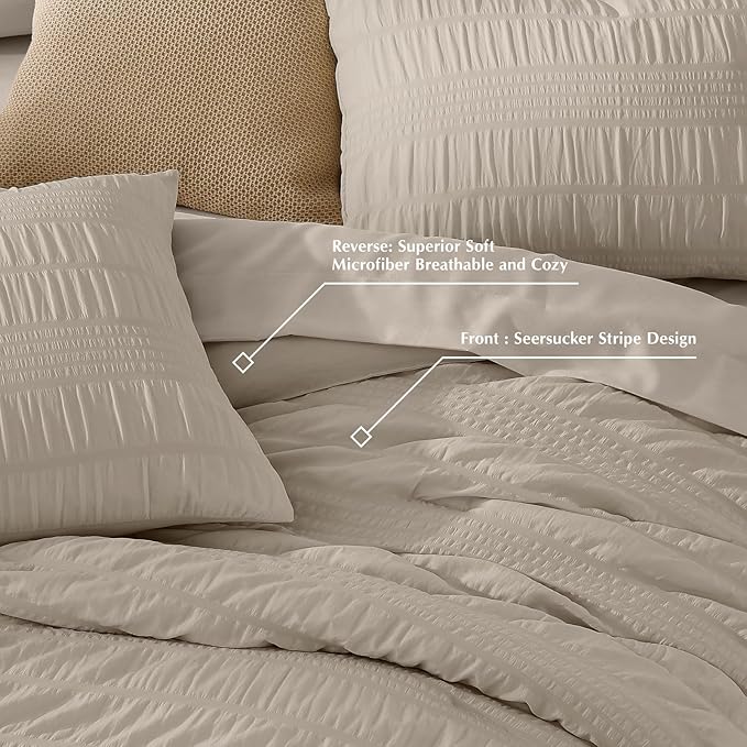CASAAGUSTO Queen Comforter Set, 7 Pieces Oatmeal Seersucker Bed in a Bag Queen Size Soft All Seasons, Bedding Sets with Comforter, Flat Sheet, Fitted Sheet, 2 Pillow Shams, 2 Pillowcases - LeafyLoom