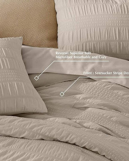 CASAAGUSTO Full Size Comforter Set, 7 Pieces Oatmeal Seersucker Bed in a Bag Full Size Soft All Seasons, Bedding Sets Full with Comforter, Flat Sheet, Fitted Sheet, 2 Pillow Shams, 2 Pillowcases - LeafyLoom