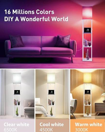Evajoy Floor Lamp with Shelves, Smart RGB Floor Lamps Work with Alexa, with 2 USB Ports & 1 AC Output, Modern 4-tier Lamp for Display Storage, Floor Lamps for Living Room, Bedroom, Office,White - LeafyLoom