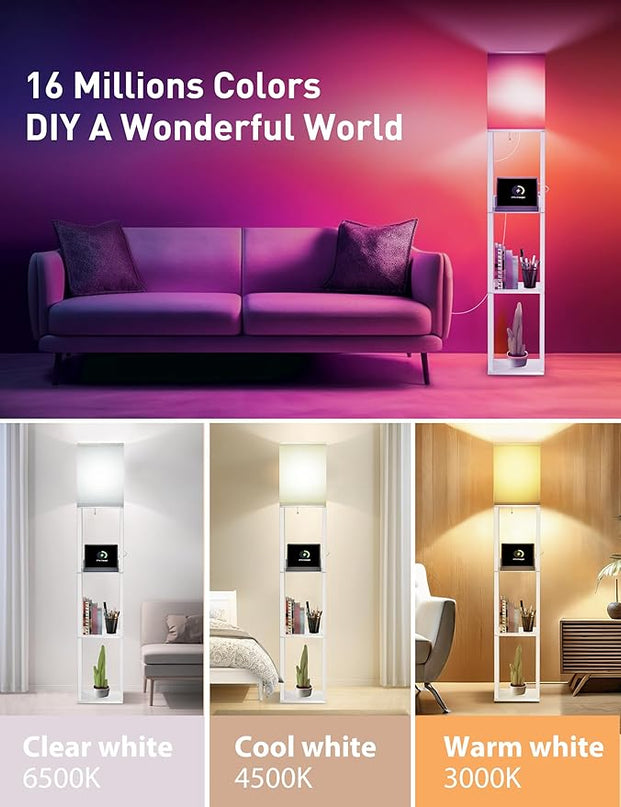 Evajoy Floor Lamp with Shelves, Smart RGB Floor Lamps Work with Alexa, with 2 USB Ports & 1 AC Output, Modern 4-tier Lamp for Display Storage, Floor Lamps for Living Room, Bedroom, Office,White - LeafyLoom