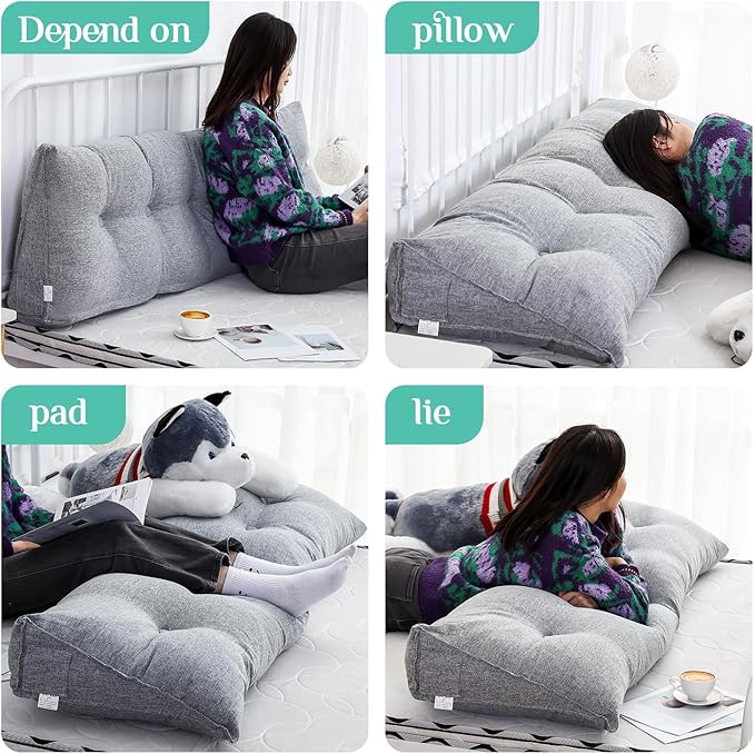 Headboard Wedge Pillow Triangular Bed Rest Reading Backrest Body Bolster Cushion Back Support Long Bolster Pillow for Bed Gifts with Removable Cover(Gray, Queen (59 x 20 x 8 Inch)) - LeafyLoom
