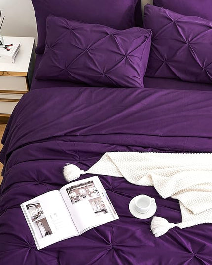 Ubauba 7pc Full Size Comforter Set with Sheets, Purple Pintuck 7 Pieces Bed in a Bag with Comforter, All Season Bedding Comforters & Sets (Purple,Full) - LeafyLoom