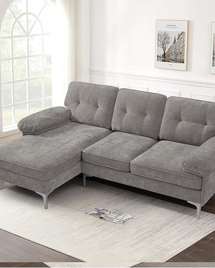 COHOME Convertible Sectional Sofa, 82-inch Modern Chenille L-Shaped Couch with Reversible Chaise Lounge,3-Seat Apartment Couch for Living Room with Washable Cover,Grey - LeafyLoom