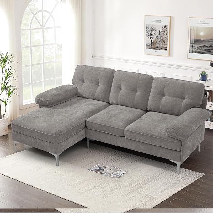 COHOME Convertible Sectional Sofa, 82-inch Modern Chenille L-Shaped Couch with Reversible Chaise Lounge,3-Seat Apartment Couch for Living Room with Washable Cover,Grey - LeafyLoom