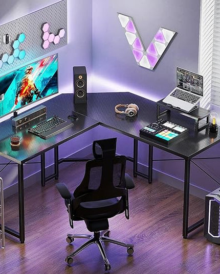 Casaottima L Shaped Gaming Desk with Monitor Stand, Corner Desk Gaming Table for Home Office, Computer Desk Sturdy Writing Workstation for Small Space, 51 inch, Carbon Fiber Surface, Black - LeafyLoom