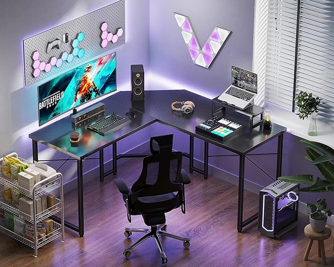 Casaottima L Shaped Gaming Desk with Monitor Stand, Corner Desk Gaming Table for Home Office, Computer Desk Sturdy Writing Workstation for Small Space, 51 inch, Carbon Fiber Surface, Black - LeafyLoom