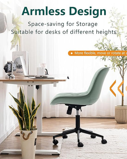 YOUNUOKE Office Chair Armless Leather Desk Chair with Wheels Thick Upholstery Computer Chair Small Cute Home Office Chair Swivel Rolling Task Chairs, Mint Green - LeafyLoom