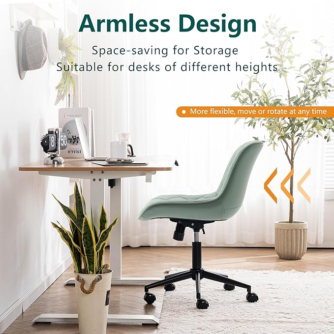 YOUNUOKE Office Chair Armless Leather Desk Chair with Wheels Thick Upholstery Computer Chair Small Cute Home Office Chair Swivel Rolling Task Chairs, Mint Green - LeafyLoom