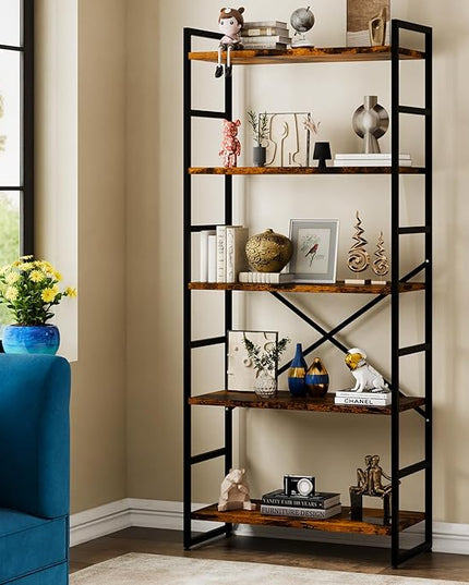 Walsunny Bookshelf, 5 Tier Bookshelves, Home Office Bookcase Shelf Storage Organizer, Free Standing Storage Shelving Unit for Bedroom, Living Room and Home Office,Rustic Brown - LeafyLoom