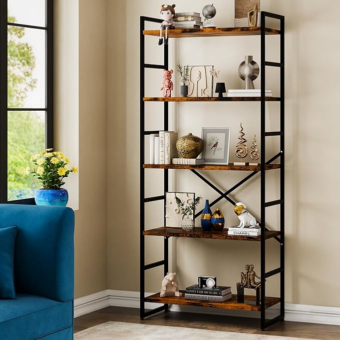 Walsunny Bookshelf, 5 Tier Bookshelves, Home Office Bookcase Shelf Storage Organizer, Free Standing Storage Shelving Unit for Bedroom, Living Room and Home Office,Rustic Brown - LeafyLoom
