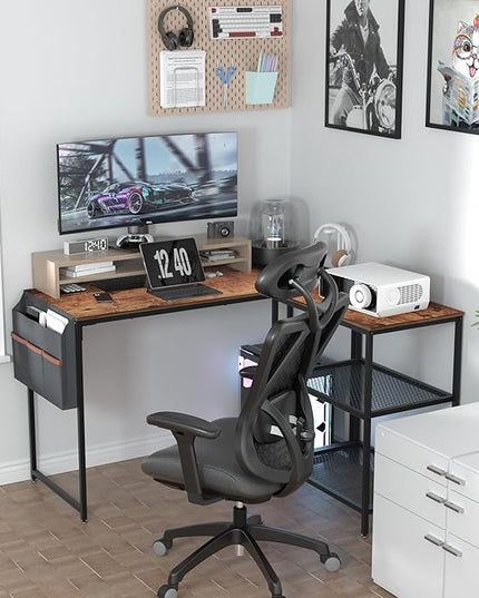 VECELO L Shaped Computer Gaming Corner Desk 47 Inch Study Writing Table, Home Office Workstation with Storage Shelves & Bag, Brown - LeafyLoom