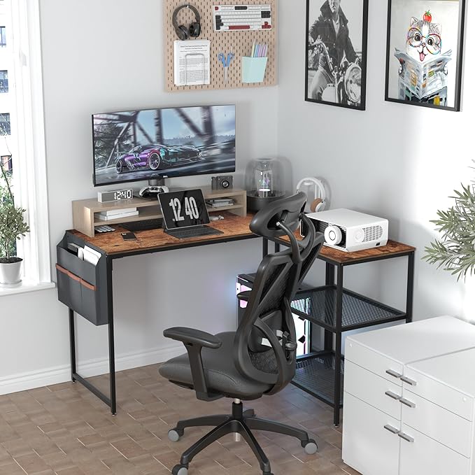 VECELO L Shaped Computer Gaming Corner Desk 47 Inch Study Writing Table, Home Office Workstation with Storage Shelves & Bag, Brown - LeafyLoom