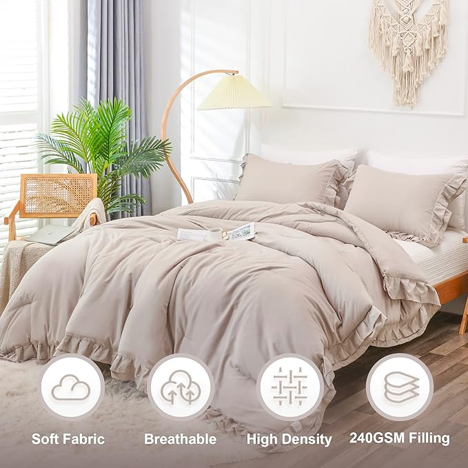 Wheat Double Ruffle Comforter Set Twin Size (66x90 Inch), 2 Pcs Farmhouse Vintage Comforter Set (1 Ruffled Comforter and 1 Pillowcase), Rustic All Season Down Alternative Bedding Set - LeafyLoom