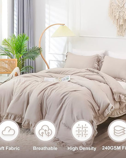 Wheat Double Ruffle Comforter Set Queen Size (90x90 Inch), 3 Pcs Farmhouse Vintage Comforter Set (1 Ruffled Comforter and 2 Pillowcase), Rustic All Season Down Alternative Bedding Set - LeafyLoom