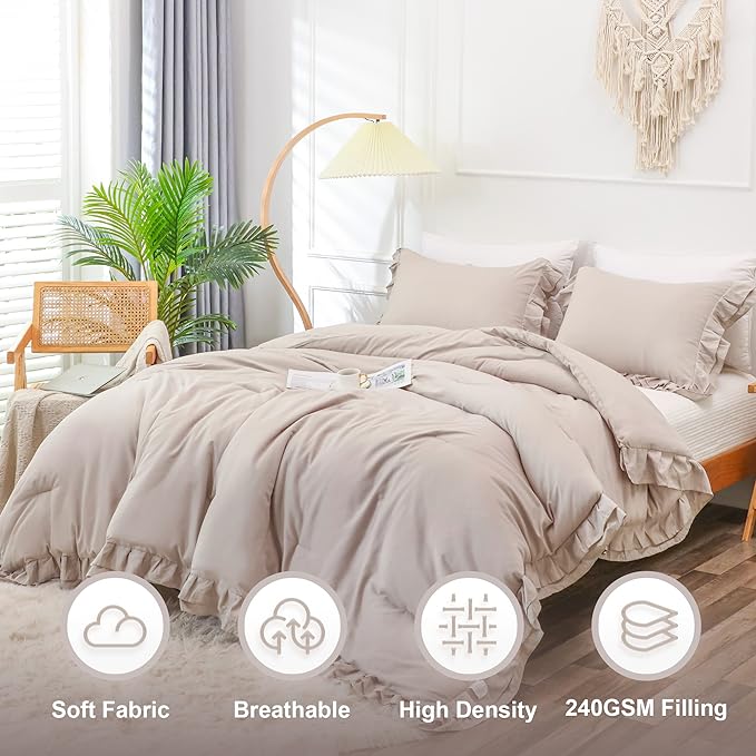 Wheat Double Ruffle Comforter Set Queen Size (90x90 Inch), 3 Pcs Farmhouse Vintage Comforter Set (1 Ruffled Comforter and 2 Pillowcase), Rustic All Season Down Alternative Bedding Set - LeafyLoom