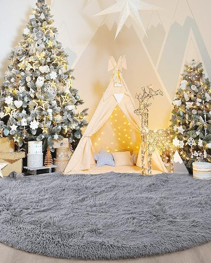 Grey Round Rug for Bedroom, Super Fluffy Circle Rugs for Baby Nursery, 5'X5' Feet Furry Carpet for Children Kids Room, Cute Soft Shaggy Rug for Girls Home Decor, Fuzzy Plush Carpets for Dorm - LeafyLoom
