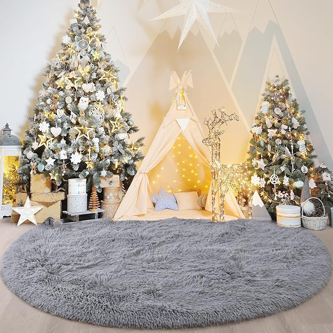Grey Round Rug for Bedroom, Super Fluffy Circle Rugs for Baby Nursery, 5'X5' Feet Furry Carpet for Children Kids Room, Cute Soft Shaggy Rug for Girls Home Decor, Fuzzy Plush Carpets for Dorm - LeafyLoom