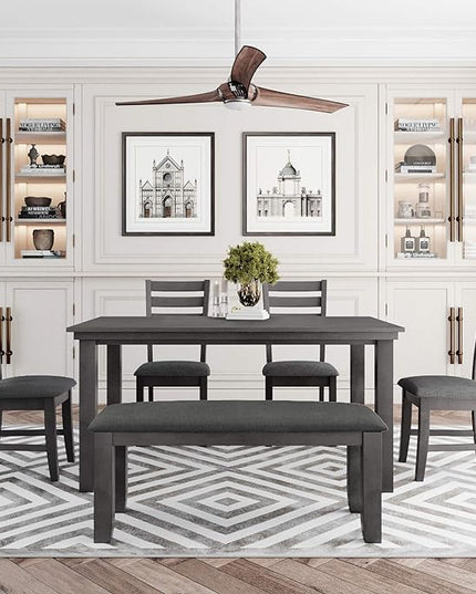 Dining Table Set for 6, Kitchen Table Chairs Set of 6 with Backrest, Rustic Wood Dining Room Table Set for Living Room and Kitchen, Dark Grey - LeafyLoom