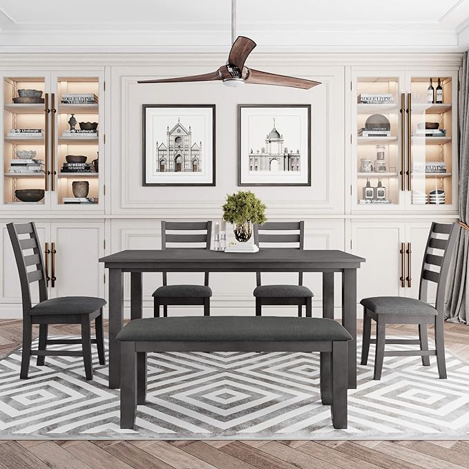Dining Table Set for 6, Kitchen Table Chairs Set of 6 with Backrest, Rustic Wood Dining Room Table Set for Living Room and Kitchen, Dark Grey - LeafyLoom