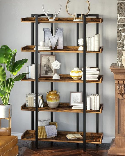 Rolanstar Bookshelf 5-Tier, 71.8’’H Industrial Book Shelf, Large Bookcases and Bookshelves with Open Shelves, Open Display Shelves with Metal Frame for Living Room Bedroom Home Office, Rustic Brown - LeafyLoom