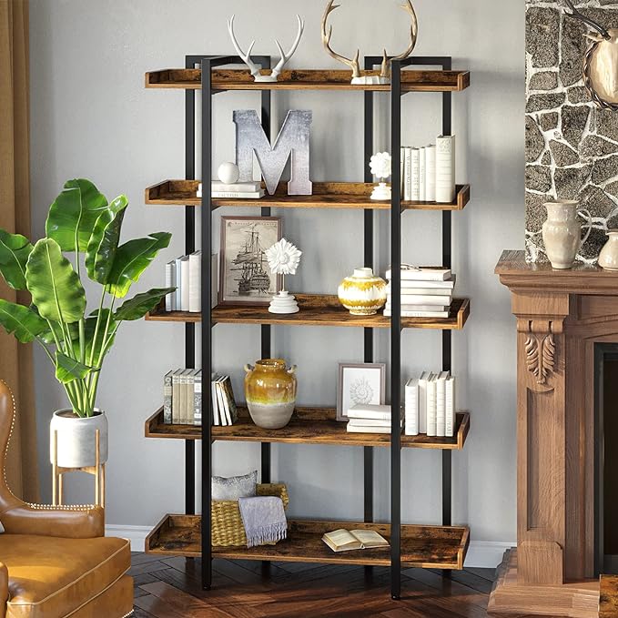 Rolanstar Bookshelf 5-Tier, 71.8’’H Industrial Book Shelf, Large Bookcases and Bookshelves with Open Shelves, Open Display Shelves with Metal Frame for Living Room Bedroom Home Office, Rustic Brown - LeafyLoom