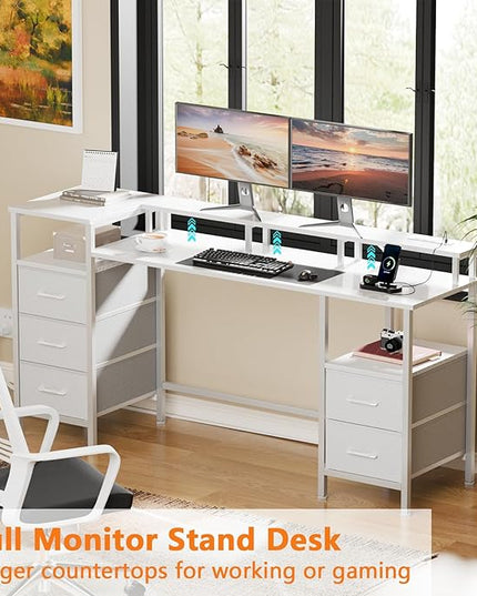 White Computer Desk with Power Outlets & LED Lights, Gaming Desk with 5 Fabric Storage Drawers for Working, 55 Inch Home Office Desk with Monitor Stand Shelves, Modern Vanity Desk for Bedroom - LeafyLoom