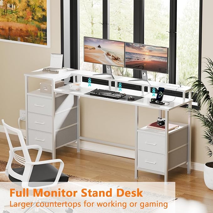 White Computer Desk with Power Outlets & LED Lights, Gaming Desk with 5 Fabric Storage Drawers for Working, 55 Inch Home Office Desk with Monitor Stand Shelves, Modern Vanity Desk for Bedroom - LeafyLoom