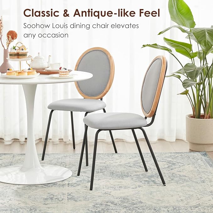 Linen Kitchen Dining Chairs Set of 2 Upholstered Round Back Mid Century Dining Chair for Dining Room Chairs Wood Modern Industrial Metal Dining Chair Indoor - LeafyLoom
