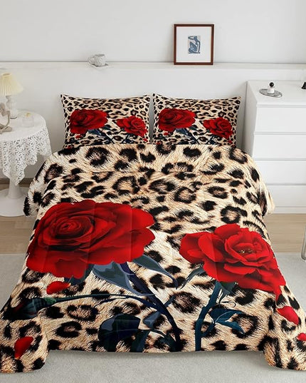 Rose Flower Comforter Set for Teens Adult Women Wedding Gift, Leopard Print Bedding Set Queen Size, Valentine's Day Cheetah Duvet Sets Leopard Animal Skin Down Comforter for Bedroom Decor, Brown - LeafyLoom