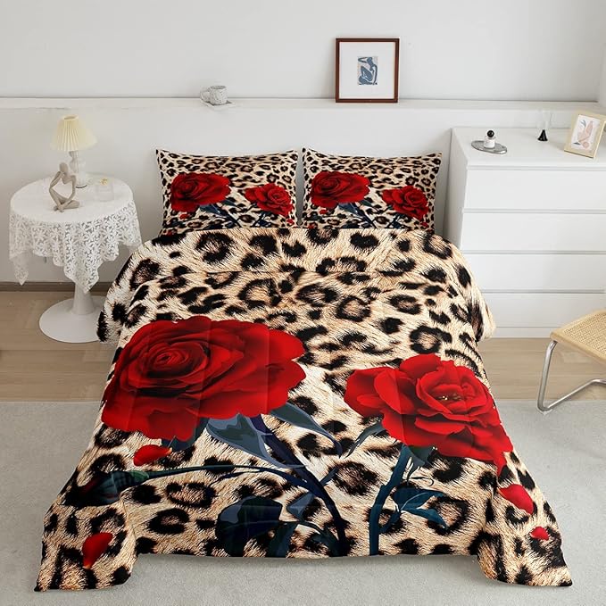 Rose Flower Comforter Set for Teens Adult Women Wedding Gift, Leopard Print Bedding Set Queen Size, Valentine's Day Cheetah Duvet Sets Leopard Animal Skin Down Comforter for Bedroom Decor, Brown - LeafyLoom