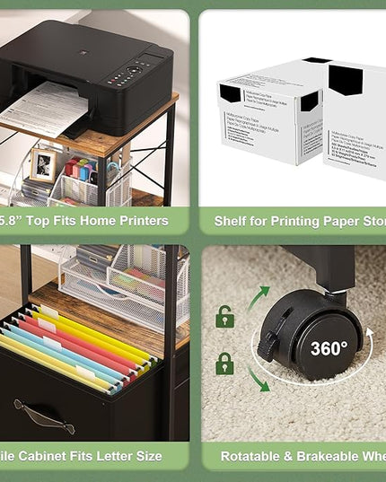 VECELO File Cabinet, Rolling Printer Stand with Large Fabric Drawer, Storage Cabinet Fits Letter Size, Ideal for Small Spaces, Apartments and Bedroom, Easy to Install, Brown+Black,2 Set - LeafyLoom