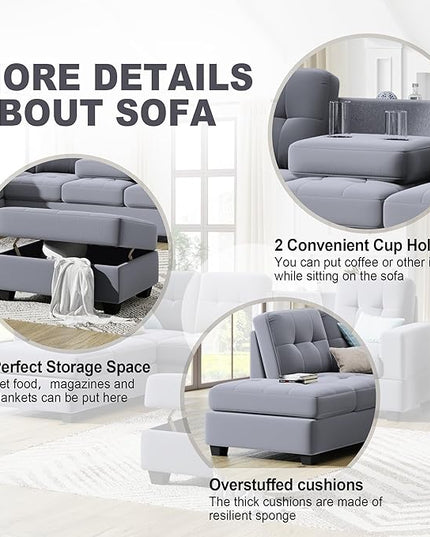 104" Modern L-Shape Sectional Sofa with Reversible Chaise &Storage Ottoman, Velvet Upholstered Couch w/Cup Holder, for Living Room, Apartment, 104 Inch, Gray - LeafyLoom