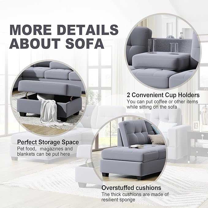 104" Modern L-Shape Sectional Sofa with Reversible Chaise &Storage Ottoman, Velvet Upholstered Couch w/Cup Holder, for Living Room, Apartment, 104 Inch, Gray - LeafyLoom