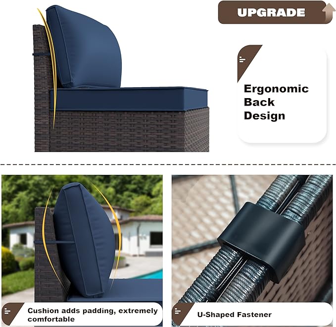 Patio Furniture Sectional Sofa Set 10-Pieces PE Rattan Swivel Rocking Chairs Outdoor Furniture Set w/43in Gas Fire Pit Table, Patio Conversation with 55000 BTU Propane Fire Pit, Navy Blue - LeafyLoom