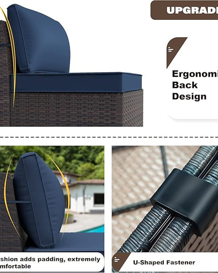 Patio Furniture Set Sofa 12-Pieces Wicker Sectional Sofa Set, Outdoor Furniture Rattan Patio Conversation Set with Thickened Cushions and Glass Coffee Table, Navy Blue - LeafyLoom