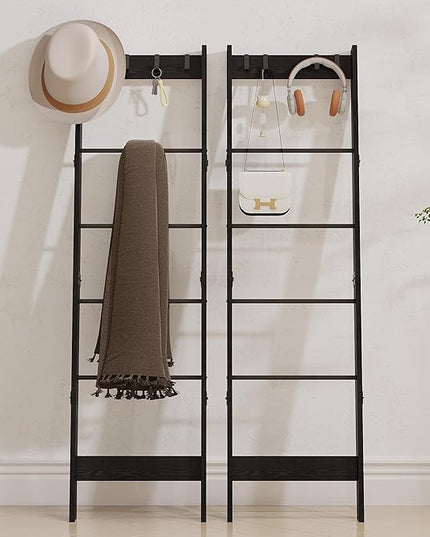 6 Tier Blanket Ladder Shelf for Living Room and Bedroom, Ladder Holder with 4 Metal Hooks, 5.2ft Blanket Quilt Holder Rack, Farmhouse Ladder Rack for Storage and Home Decor, Black - LeafyLoom