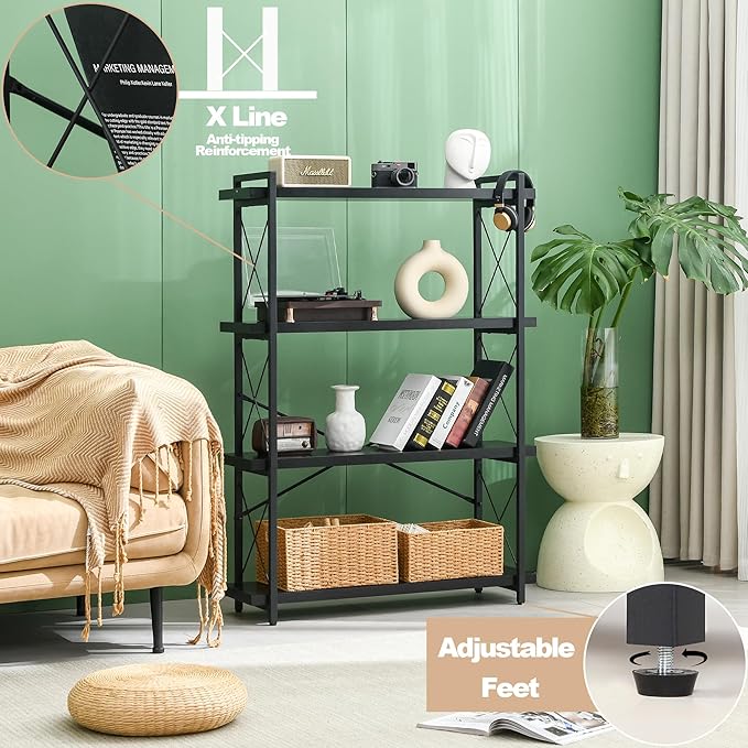 HCHQHS Bookshelf, 4-Tier Industrial Bookcase, Black Open Book Shelf, Freestanding Tall Bookshelves with Metal Frame - LeafyLoom