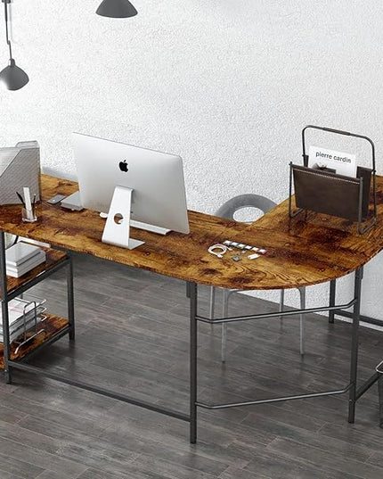 Anivia 68.9" Reversible L Shaped Desk with Storage Shelves - Corner Computer Desks Gaming Table Workstation for Home Office, Writing, Study, Caramel Brown - LeafyLoom