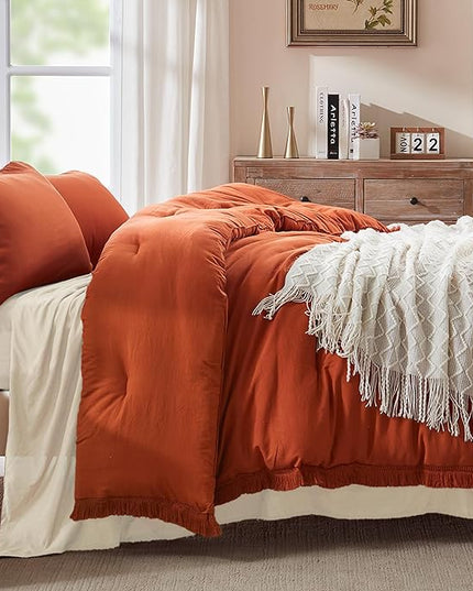 Andency King Size Comforter Set Burnt Orange, 3 Pieces Boho Terracotta Soft Lightweight Bedding Comforter Sets, Rust Tassel All Season Bed Set (104x90In Comforter & 2 Pillowcases) - LeafyLoom