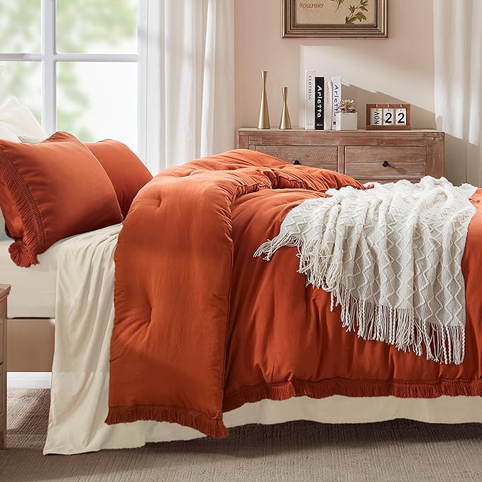 Andency King Size Comforter Set Burnt Orange, 3 Pieces Boho Terracotta Soft Lightweight Bedding Comforter Sets, Rust Tassel All Season Bed Set (104x90In Comforter & 2 Pillowcases) - LeafyLoom
