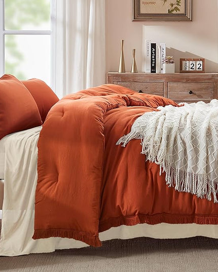 Andency Twin Comforter Set Burnt Orange, 2 Pieces Terracotta Boho Tassel Kids Comforter Sets for Boys Girls Teens, All Season Rust Soft Bed Set (66x90In Comforter & 1 Pillowcase) - LeafyLoom