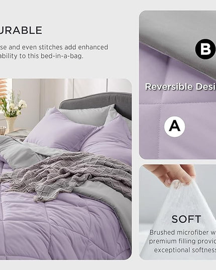 Bedsure Light Purple Full Size Comforter Set - 7 Pieces Reversible Full Bed in a Bag, Full Bed Set Light Purple and Grey with Comforters, Sheets, Pillowcases & Shams - LeafyLoom