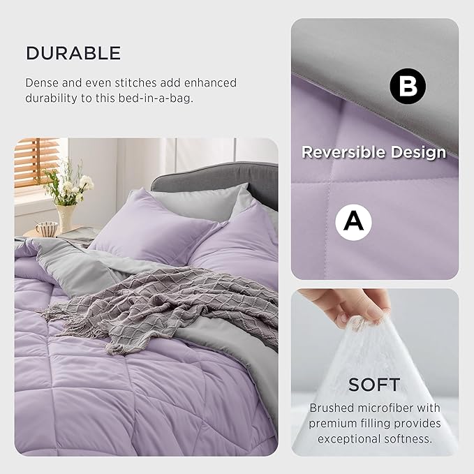 Bedsure Light Purple California King Size Comforter Set - 7 Pieces Reversible California King Bed in a Bag, Cal King Light Purple and Grey Bed Set with Comforters, Sheets, Pillowcases & Shams - LeafyLoom