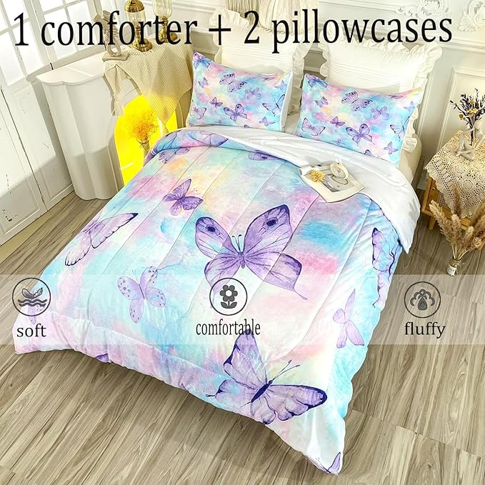 CVHOUSE Butterfly Queen Comforter Set for Girls Teens.Butterfly Queen Bedding Set,Butterflies Bedspread,Butterfly Duvet,Butterfly Bed Set,Butterflies Quilt Set 3 Pcs 1 Comforter and 2 Pillowcases - LeafyLoom