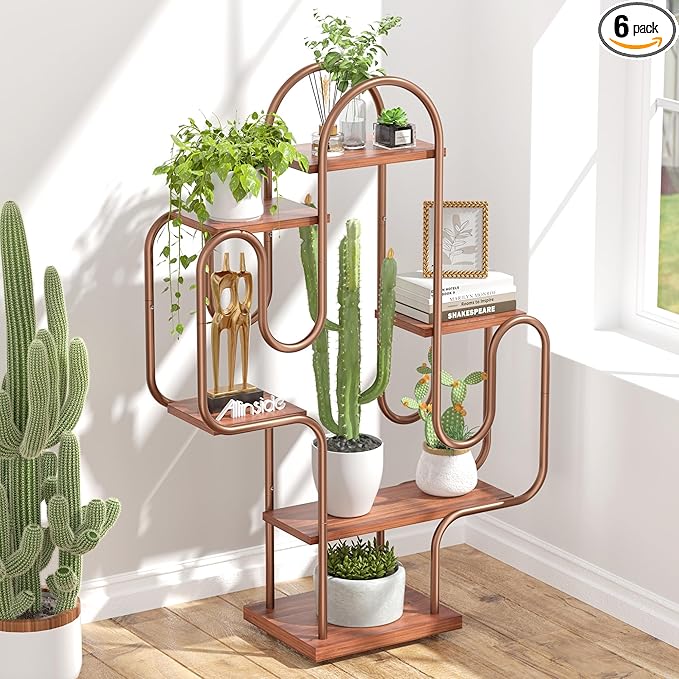 Allinside Cactus Corner Bookshelf, 6 Tiers Multipurpose Plant Stand, Heavy-Duty Metal Corner Shelf, Creative Tall Display Rack, Rustic Bookcase for Living Room, Bedroom, Home Office and Balcony - LeafyLoom
