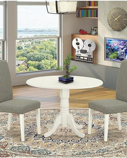 East West Furniture Dublin 3 Piece Modern Set Contains a Round Wooden Table with Dropleaf and 2 Dark Shitake Linen Fabric Parson Dining Chairs, 42x42 Inch, DLEN3-LWH-06 - LeafyLoom