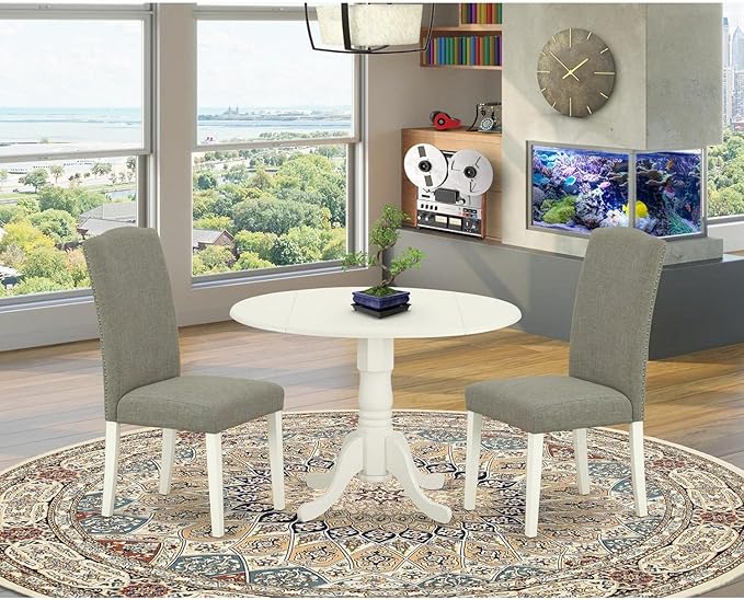 East West Furniture Dublin 3 Piece Modern Set Contains a Round Wooden Table with Dropleaf and 2 Dark Shitake Linen Fabric Parson Dining Chairs, 42x42 Inch, DLEN3-LWH-06 - LeafyLoom