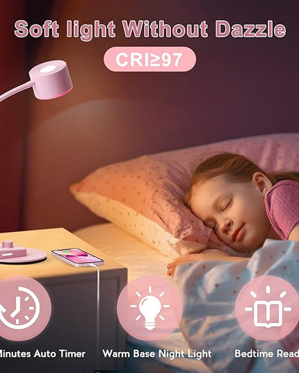 Cute Desk Lamp with USB C + A Charging Port, 5 Colors Dimmable Reading Lamps, Minimalist Pink Lamp for Kids, Eye Care Metal Bedside Table Lamp with Timer Flexible Gooseneck Desk Light for Home Office - LeafyLoom